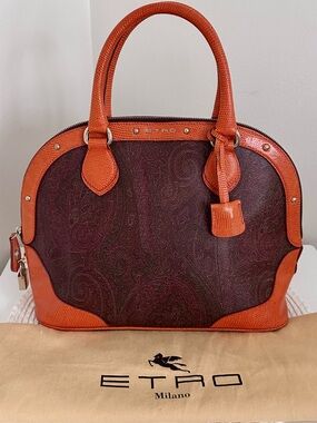 Etro Milano Burgundy Brown Paisley Alma Satchel Handbag with Orange Leather Trim